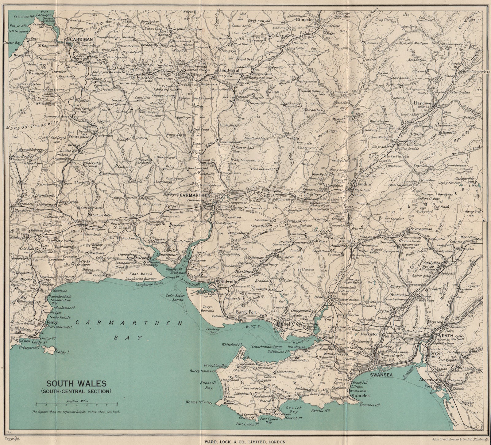 SOUTH WALES Cardigan Swansea Neath Carmarthen Tenby Llanelli. WARD LOCK 1950 map